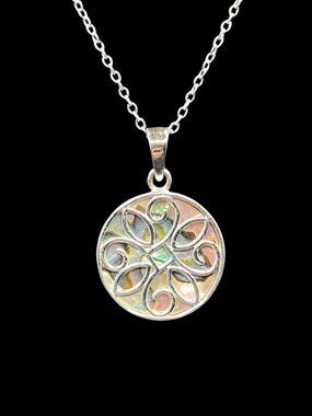 Vintage Sterling Silver and Abalone Pendant Necklace on Silver-Toned Chain